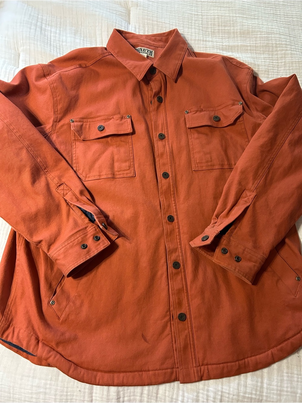 Like New Hanger Bender Duluth Trading Orange Fire Hose Shirt Canvas Jacket 2XL